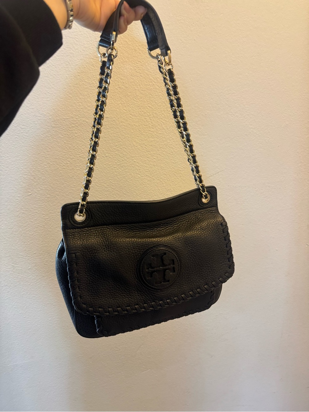 Tory Burch Black Pebbled Leather Shoulder Bag with Chain Strap
